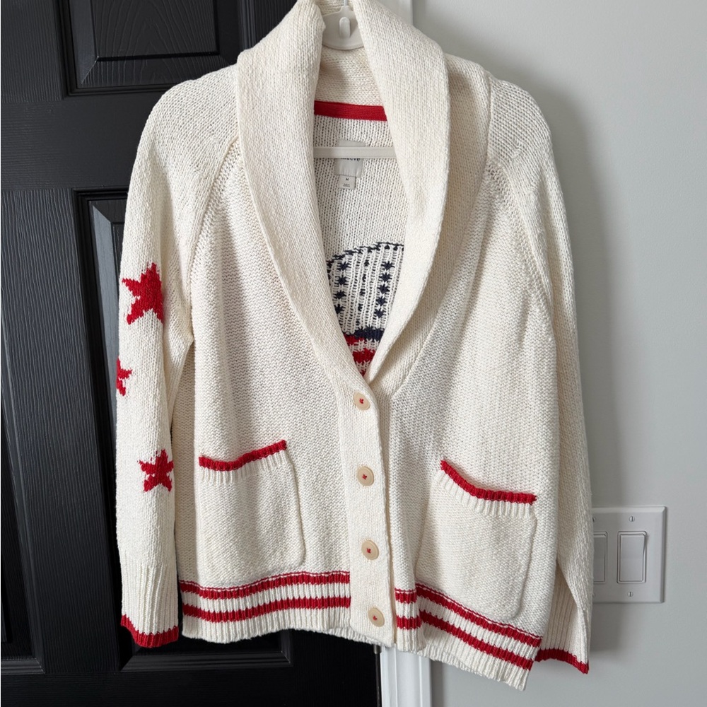 Anthropologie Cream and Red Flag Cardigan Sweater